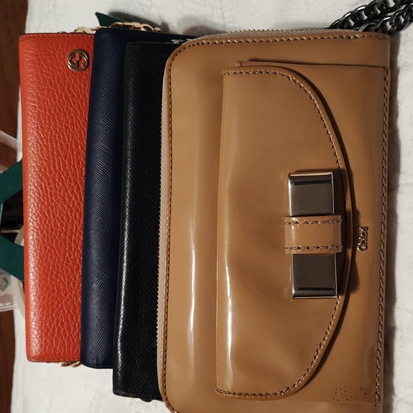 Louis Vuitton Black Leather Wallet/ Chain Orange Gucci Navy Prada Caramel Chloe - Picture 1 of 11